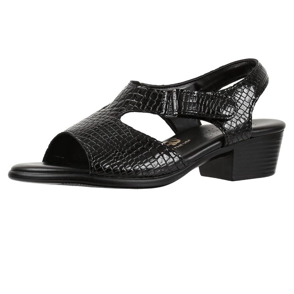 SAS Womens 10.5 Black Patent Leather Suntimer Sandals Textured Low Heel NEW